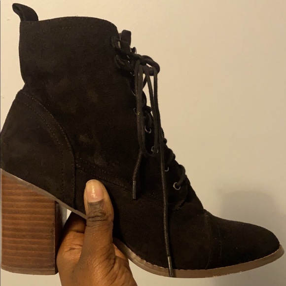 Black Ankle Laced Up Booties with Wooden Heel - Picture 4 of 5